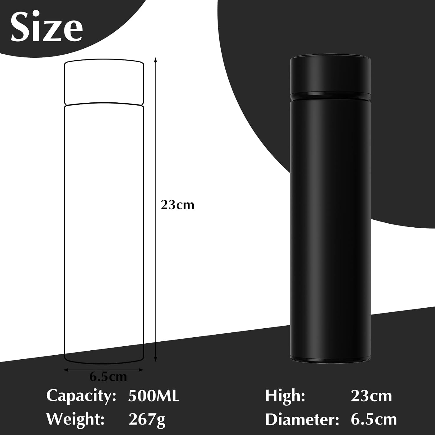 500Ml Coffee Cups Travel Mugs, Water Bottle Vacuum Insulating Cup 304 Stainless Steel, Touch Screen Temperature Gauge, Smart Mug for Heat and Cold (A-Black)