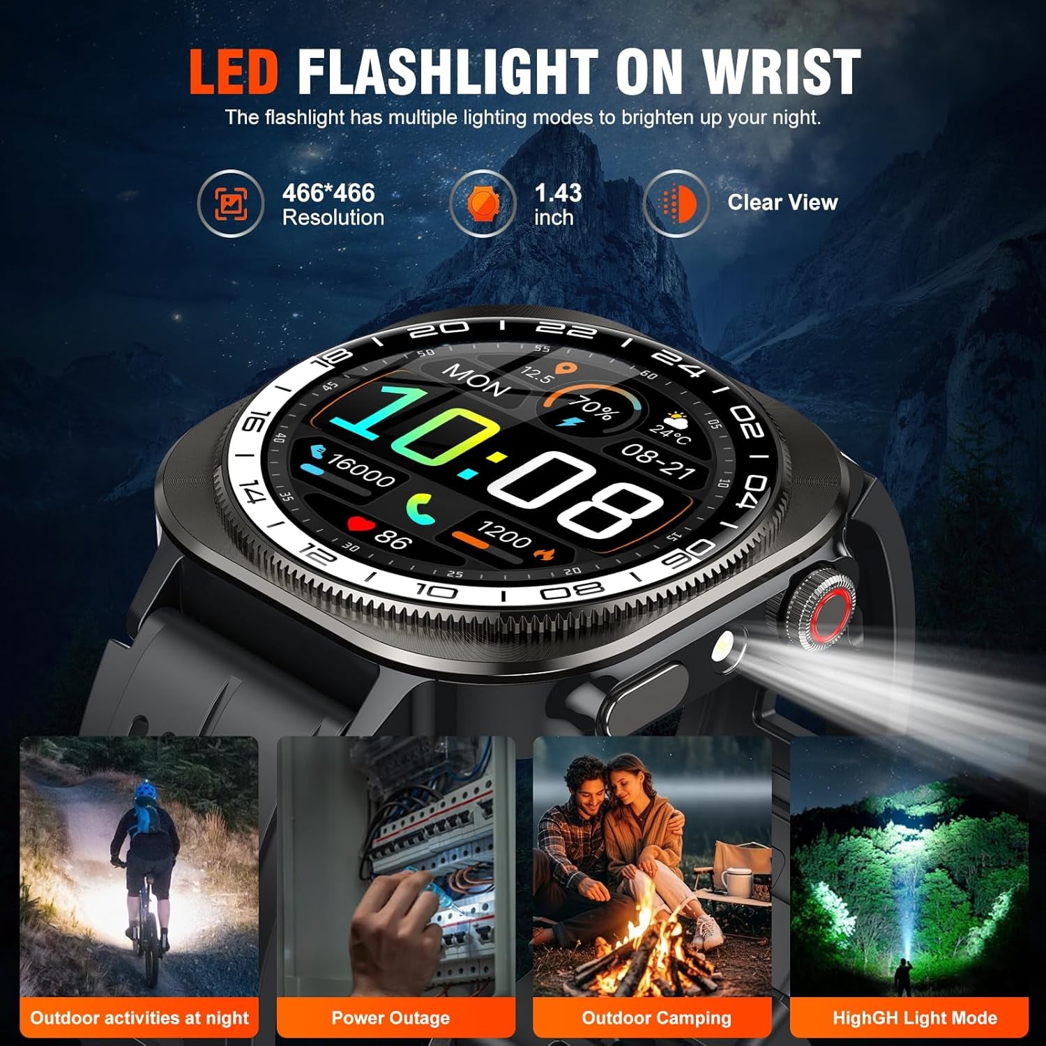 Military Smart Watches for Men(Answer/Make Call), AMOLED 1.43" Smartwatch, Flashlight/130+ Sports/Heart Rate/Sleep Monitor/Fitness Activity Tracker, IP68 Waterproof Fitness Watch for Android Ios