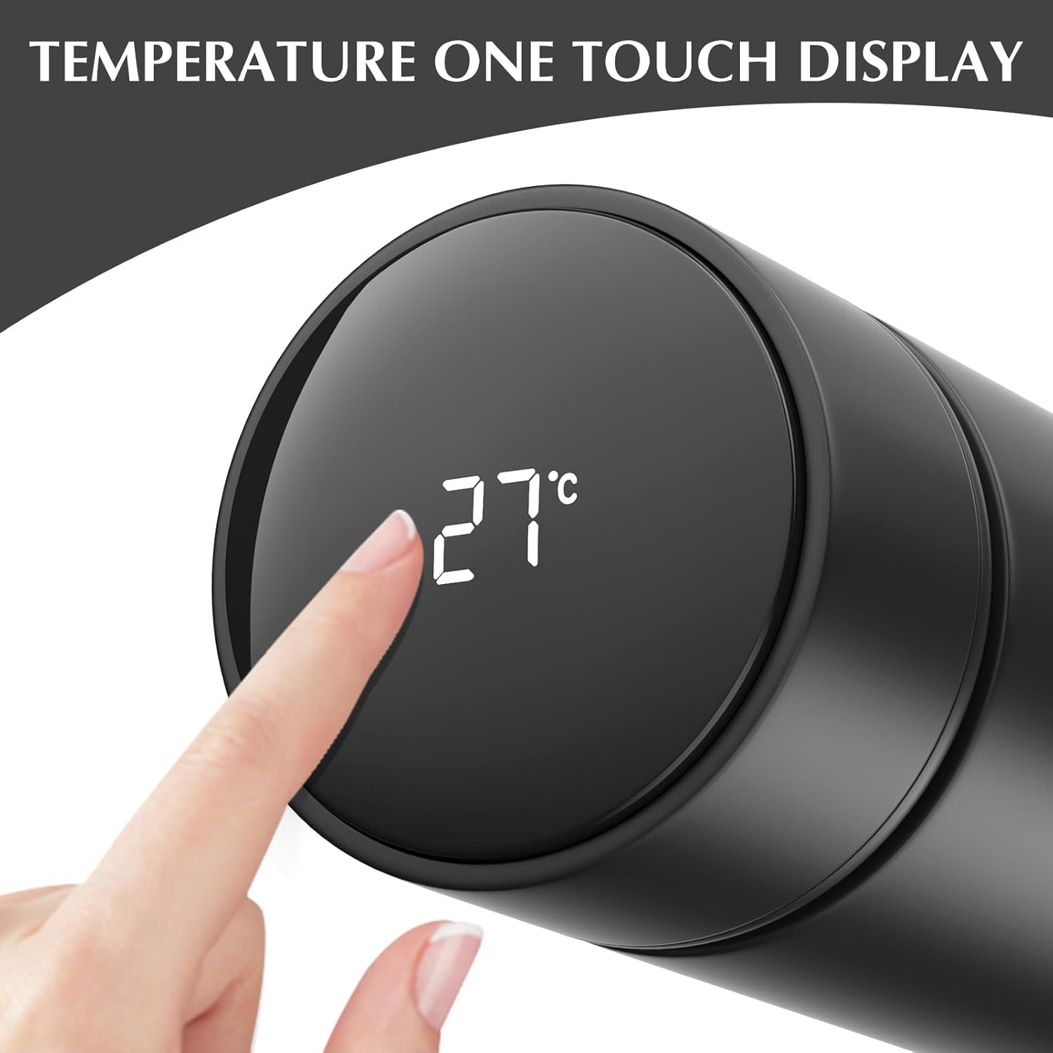 500Ml Coffee Cups Travel Mugs, Water Bottle Vacuum Insulating Cup 304 Stainless Steel, Touch Screen Temperature Gauge, Smart Mug for Heat and Cold (A-Black)