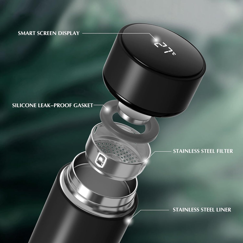 500Ml Coffee Cups Travel Mugs, Water Bottle Vacuum Insulating Cup 304 Stainless Steel, Touch Screen Temperature Gauge, Smart Mug for Heat and Cold (A-Black)